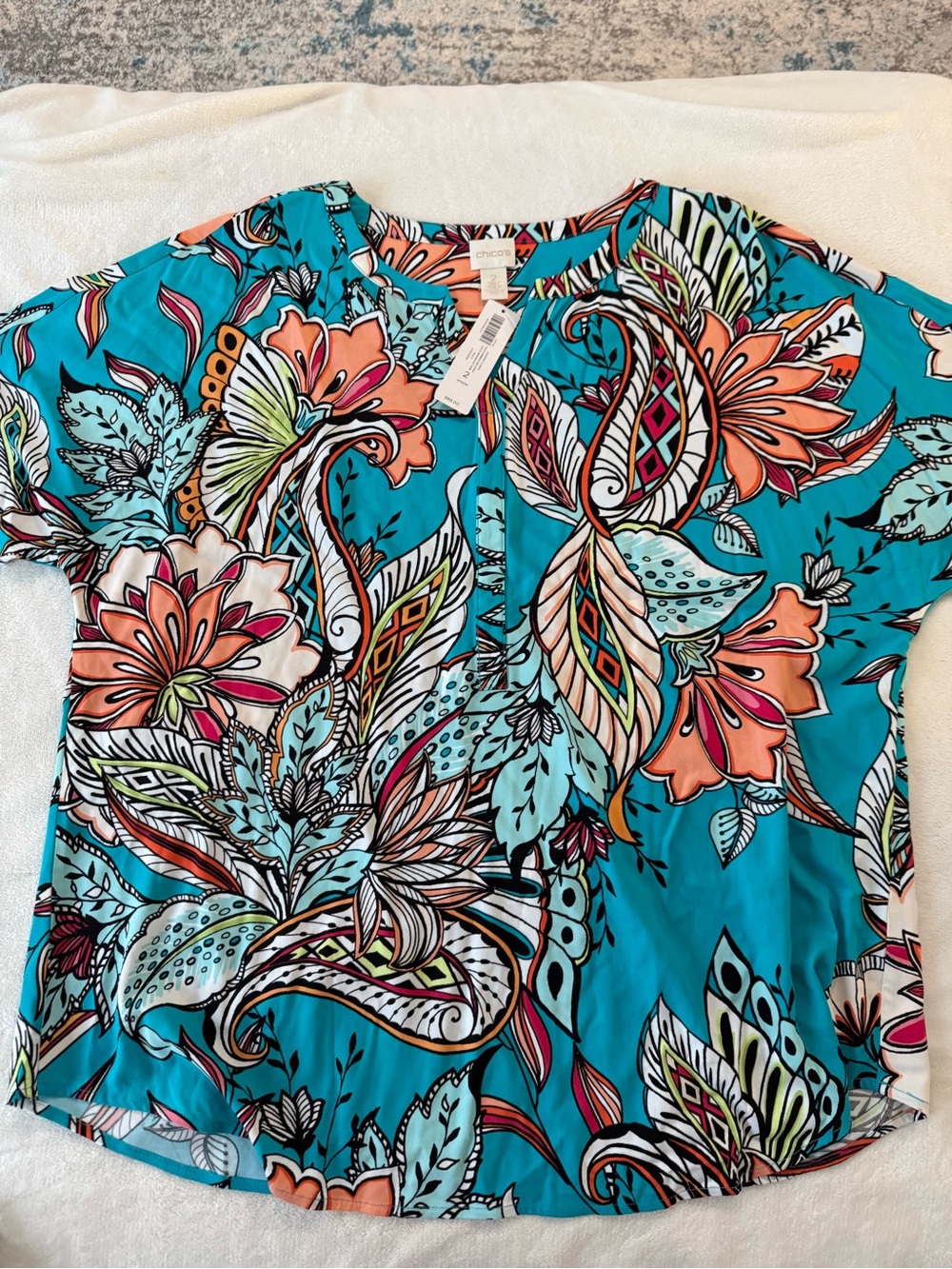 Chicos 2 Large Tropical Bright Floral Vacation Short Sleeve V-neck Blouse D92